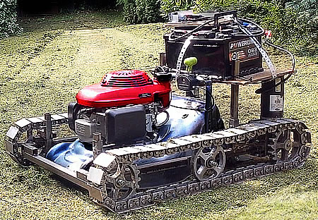 Home made radio control lawnmower with caterpillar tracks